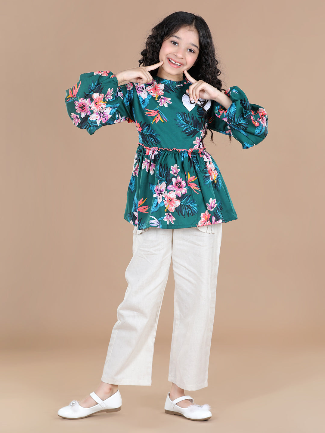 Cutiekins Green Floral Print Peplum Top & Linen Palazzo Set - Green & Off White