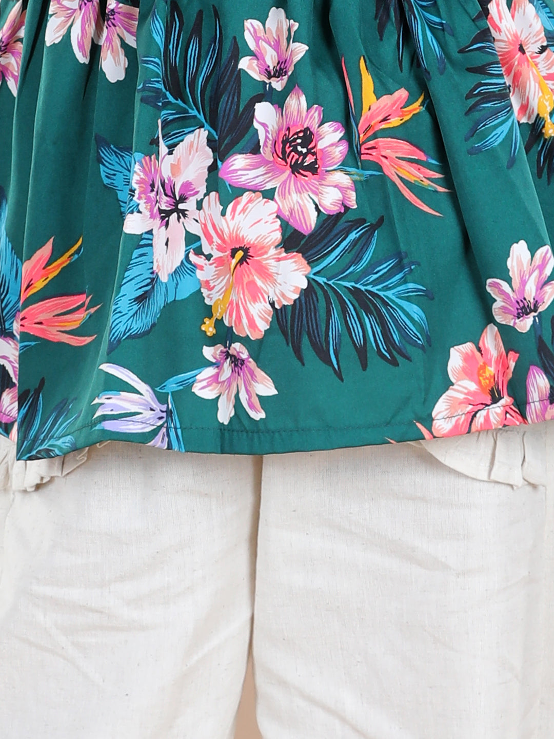 Cutiekins Green Floral Print Peplum Top & Linen Palazzo Set - Green & Off White