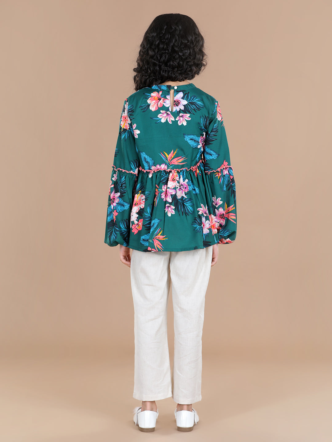 Cutiekins Green Floral Print Peplum Top & Linen Palazzo Set - Green & Off White