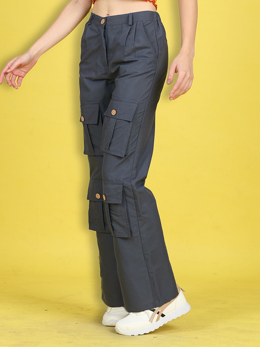 Cutiekins Girls Regular-Fit Solid Cargo Pant -Dark Grey