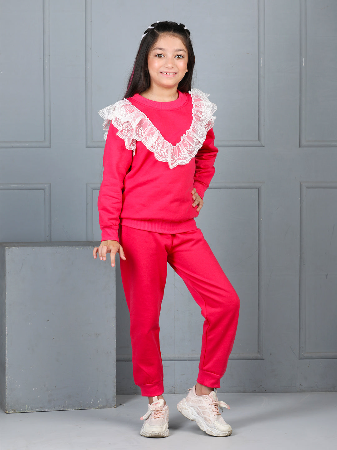 Cutiekins Girls Solid Embellished Cozy Fleece Tracksuit -Hot Pink & Off White
