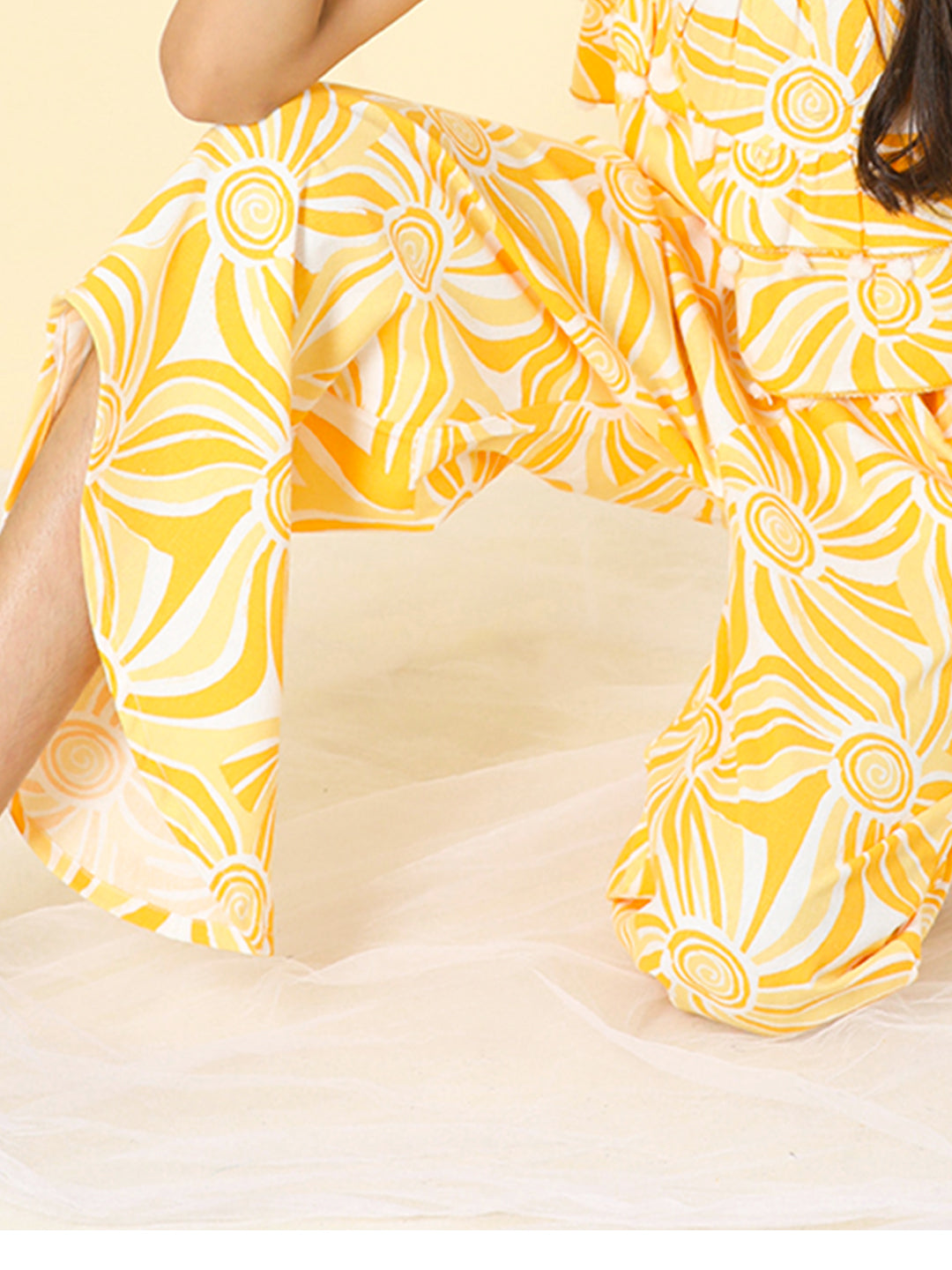 Cutiekins Girls Cotton Abstract Print Palazzo -White & Mustard