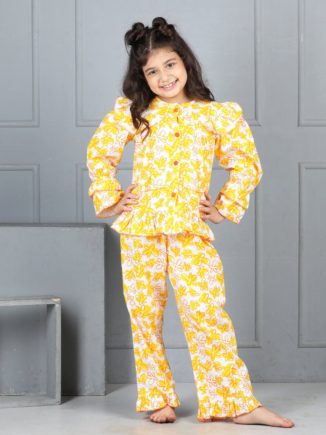 Cutiekins Girls Shirt Style Floral Printed Top With Printed Palazzo Nightsuit -Off White & Orange