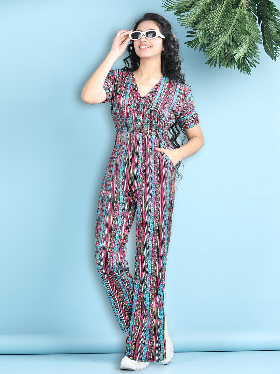 Cutiekins Girls Stylish Striped Print Embellished Jumpsuit -Multicolor