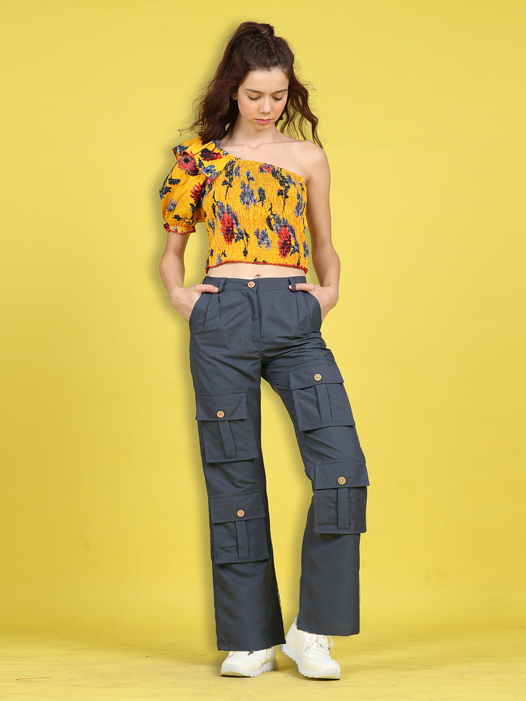 Cutiekins Girls Trendy Bold Look Crop Top With Solid Cargo -Mustard & Dark Gray