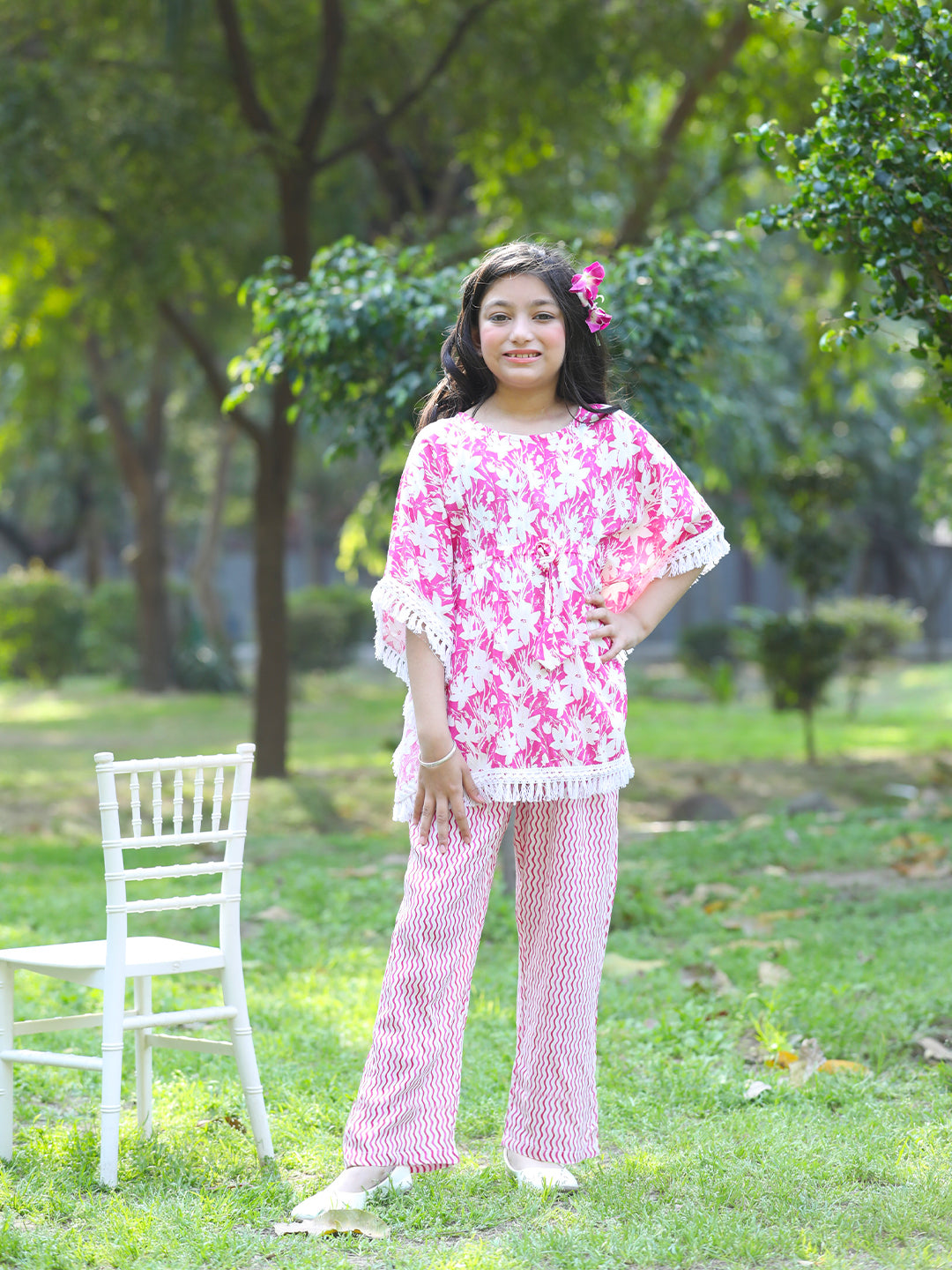 Cutiekins Girls Trendy Floral Print Kaftan Kurta and Palazzo Set -Magenta & White