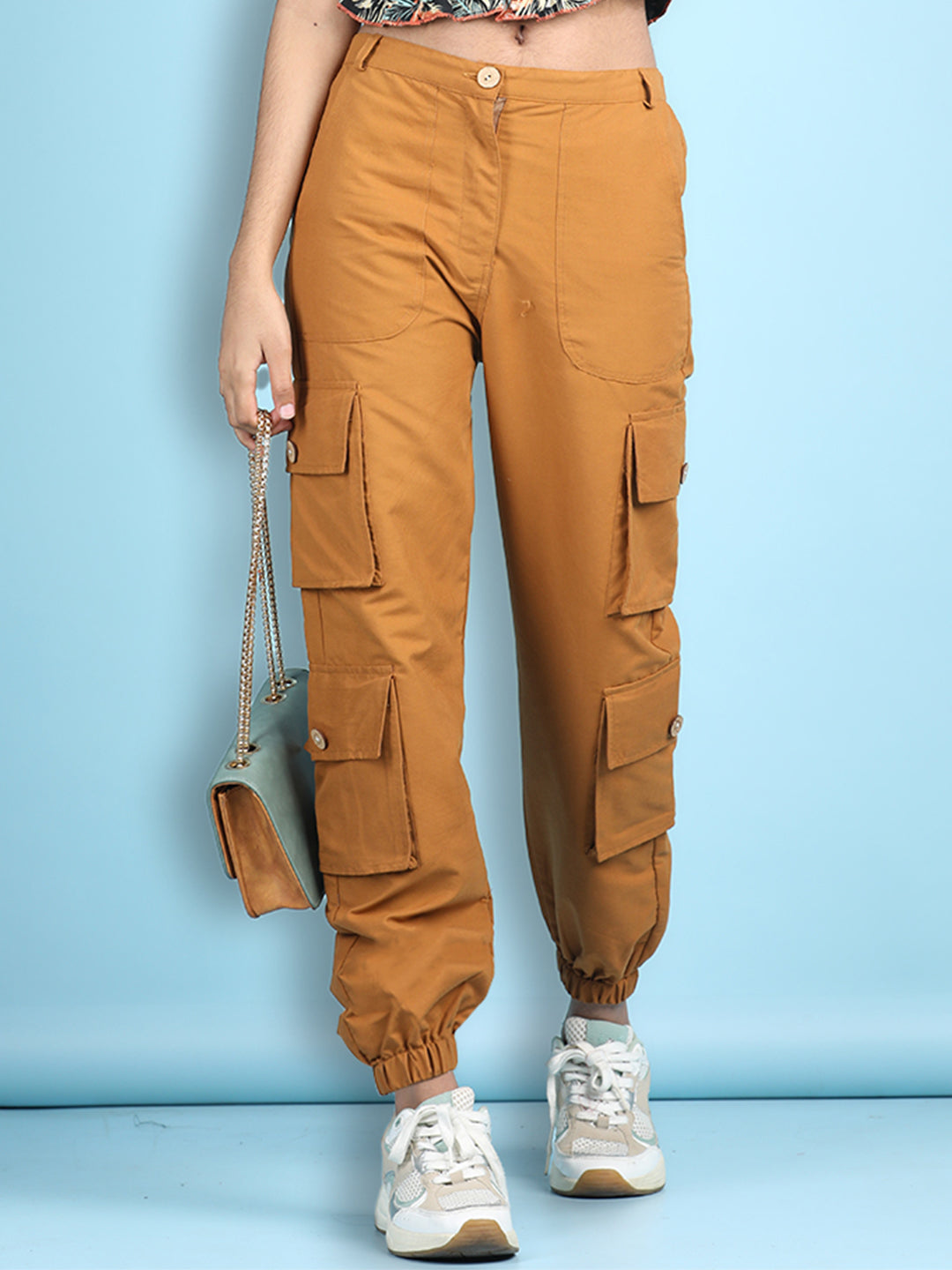 Cutiekins Girls Regular-Fit Solid Cargo Pant -Mustard