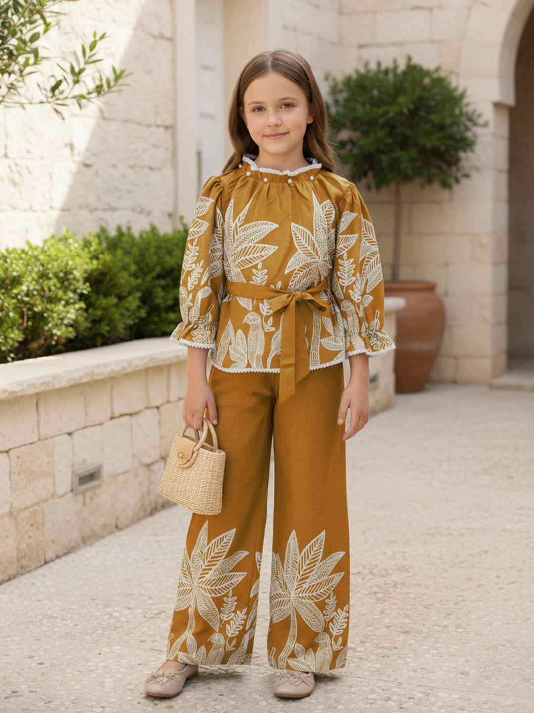 Cutiekins Girls Trendy Floral Print Peplum Top and Wide Leg Pants Co-Ord Set - Mustard & White