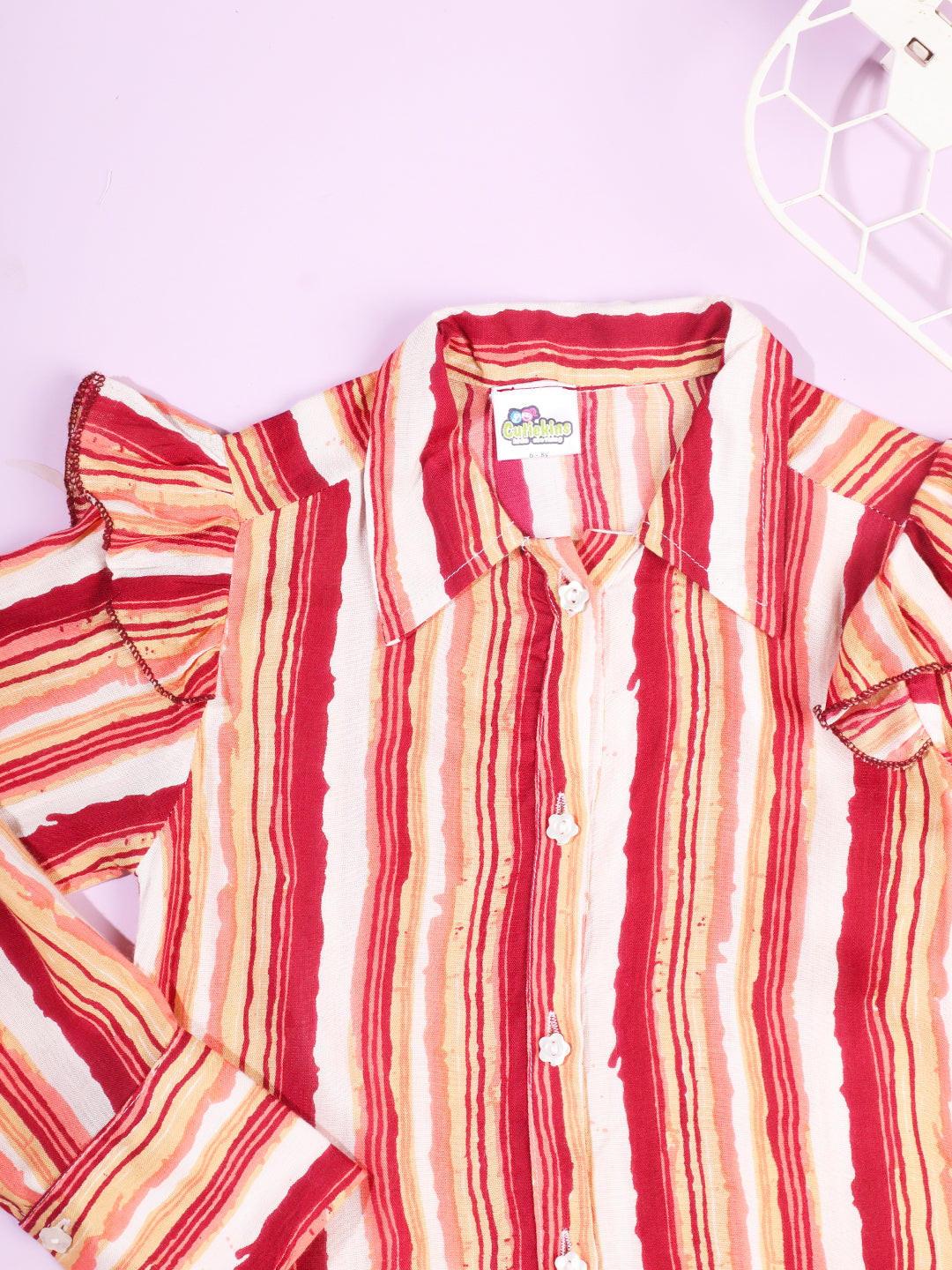 Cutiekins Girls Striped Cuffed Sleeves Shirt Style Casual Top -Maroon & Off White