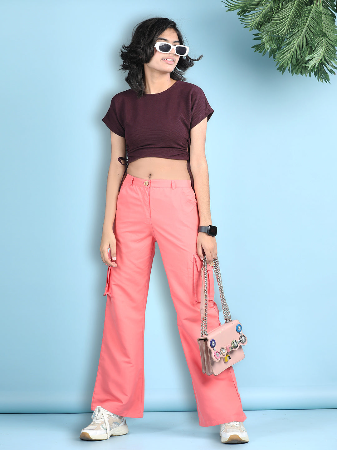 Cutiekins Girls Solid Embellished Top with Solid Cargo -Wine & Coral Pink