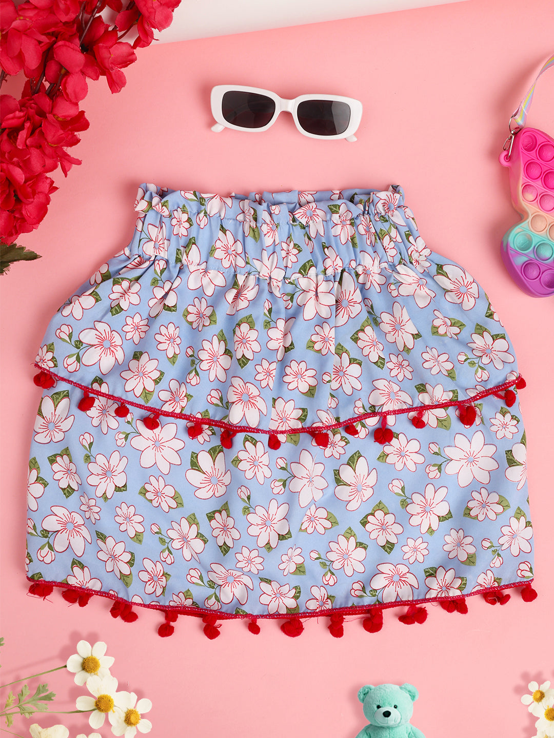 Cutiekins Girls Floral Print Embellished Skirt- Light Blue & Pink