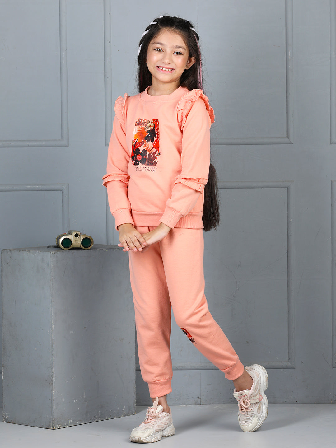 Cutiekins Girls Graphic Print Cozy Tracksuit -Peach & Black
