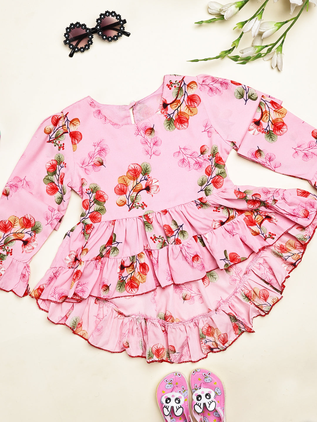 Cutiekins Girls Adorable Floral Print Casual Top -Pink & Red