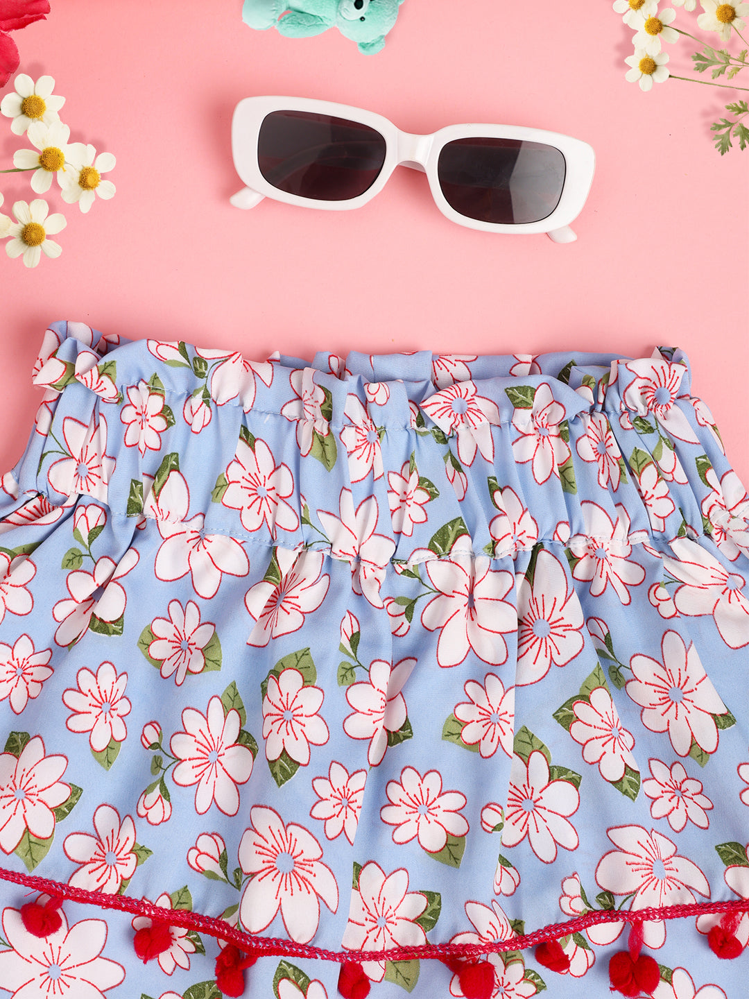 Cutiekins Girls Floral Print Embellished Skirt- Light Blue & Pink
