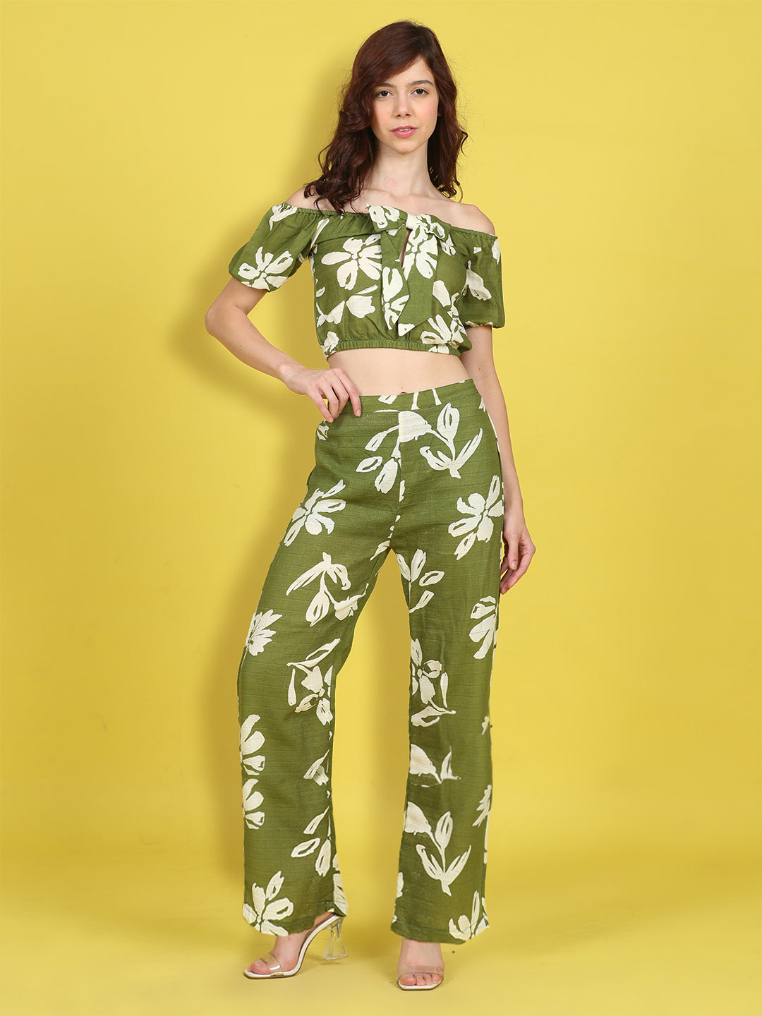 Cutiekins Girls Trendy Bold Style Printed Top & Palazzo Co-ord Set -Olive Green & Off White