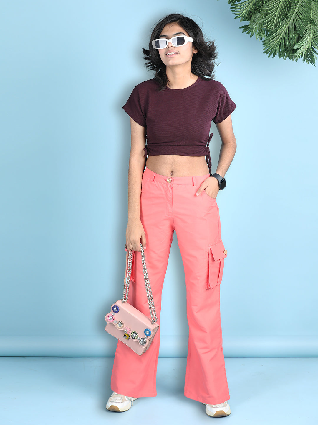 Cutiekins Girls Solid Embellished Top with Solid Cargo -Wine & Coral Pink