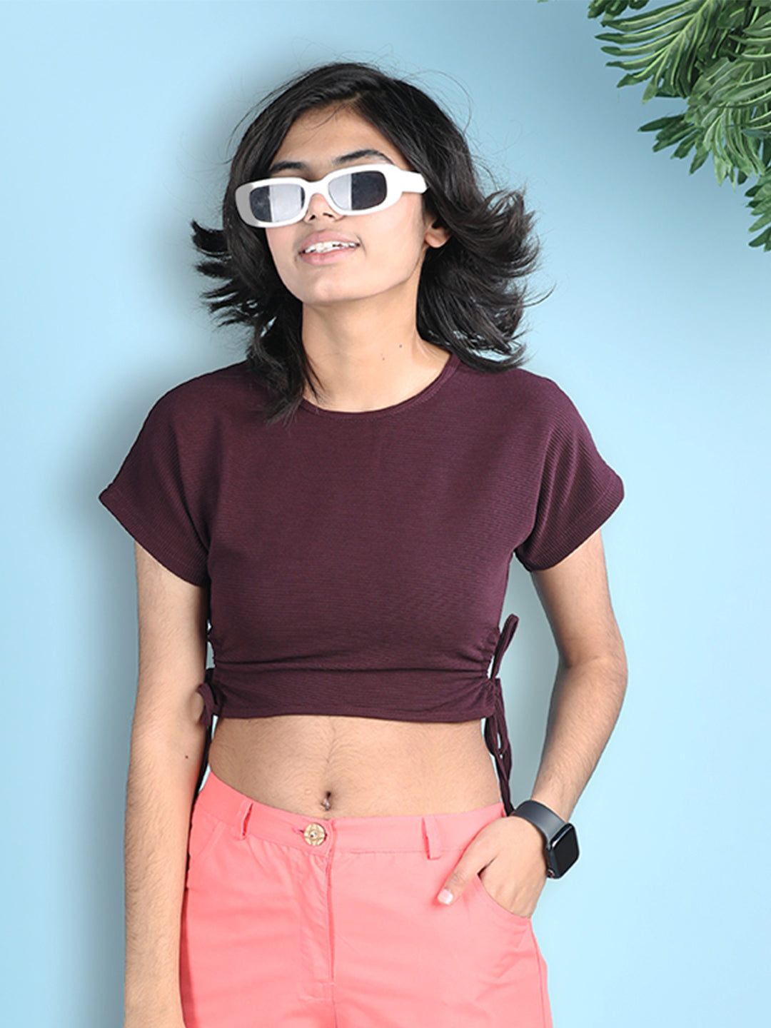 Cutiekins Girls Solid Embellished Stylish Tie-Ups Crop Top -Wine