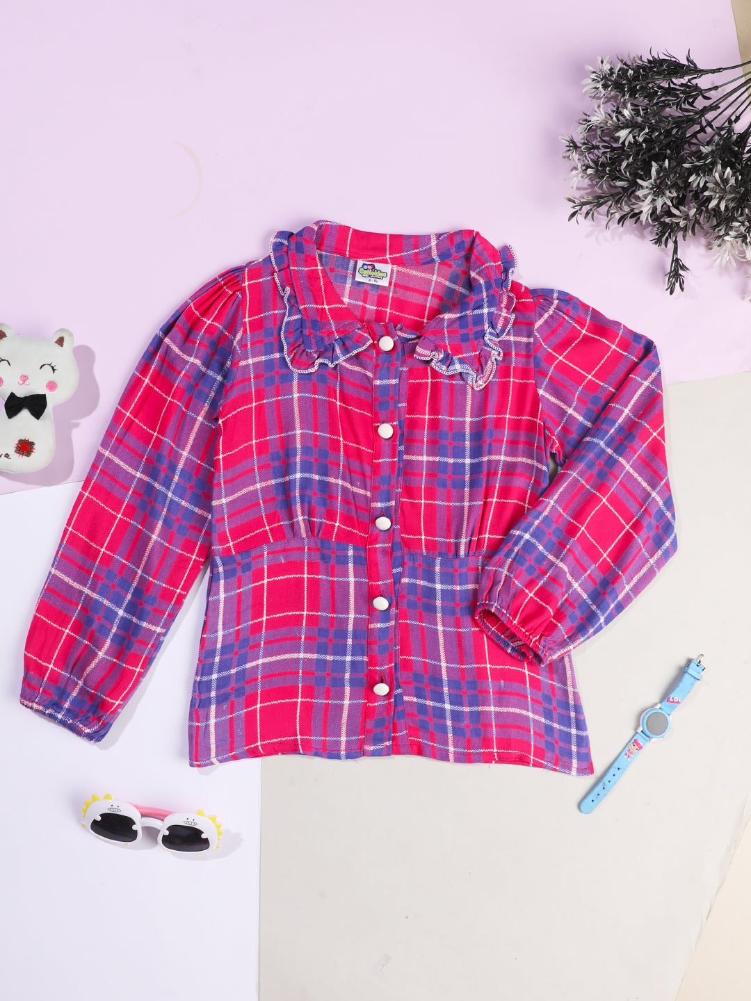 Cutiekins Girls Checked Shirt Collar Bishop Sleeves Shirt Style Top -Pink & Blue