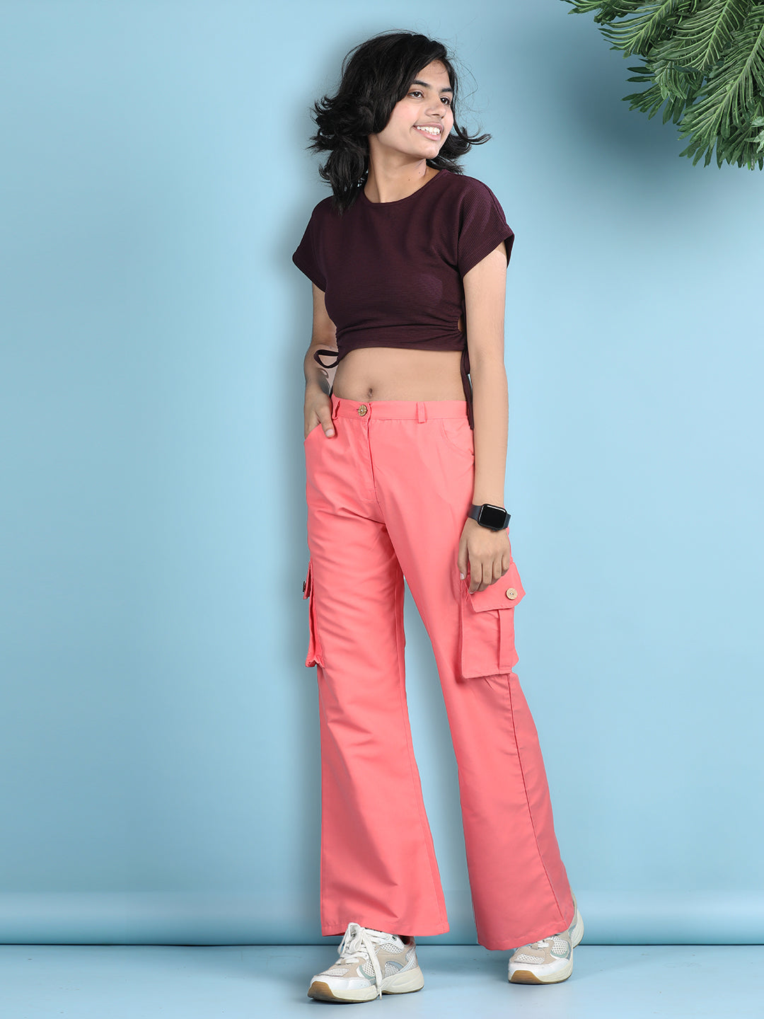 Cutiekins Girls Solid Embellished Top with Solid Cargo -Wine & Coral Pink