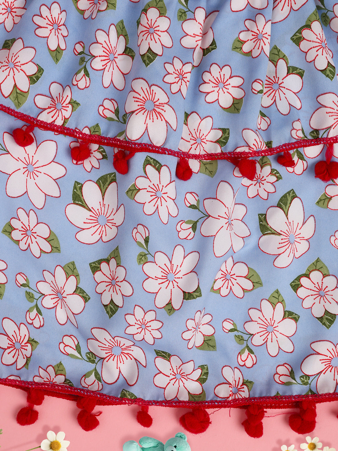 Cutiekins Girls Floral Print Embellished Skirt- Light Blue & Pink