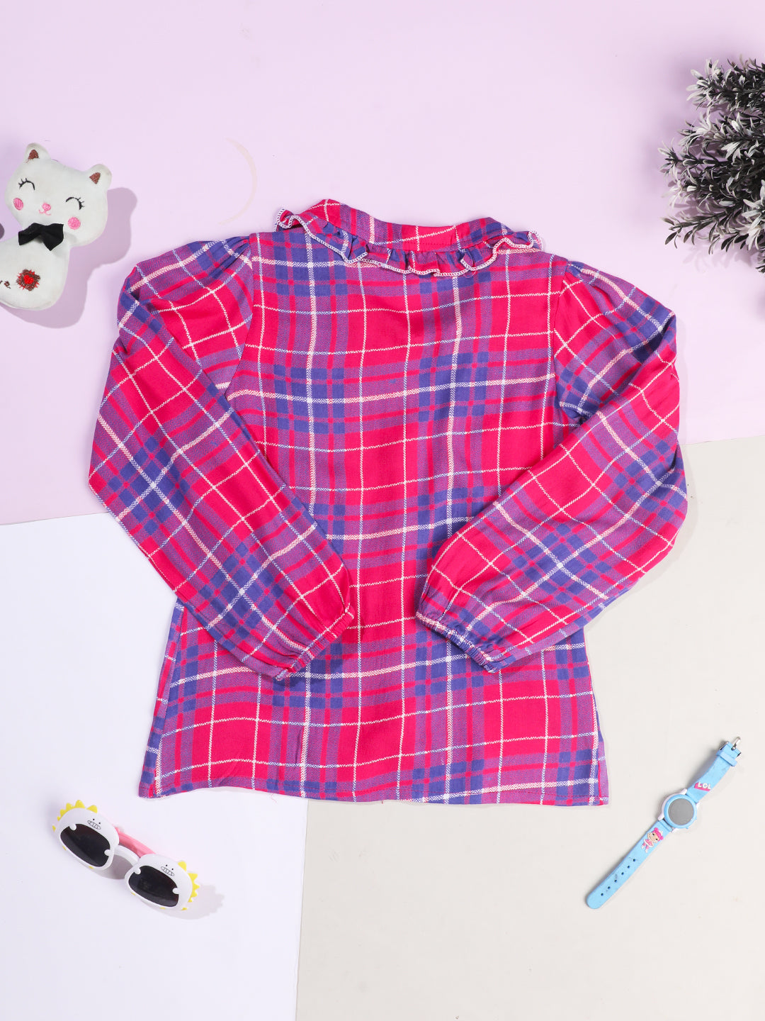 Cutiekins Girls Checked Shirt Collar Bishop Sleeves Shirt Style Top -Pink & Blue