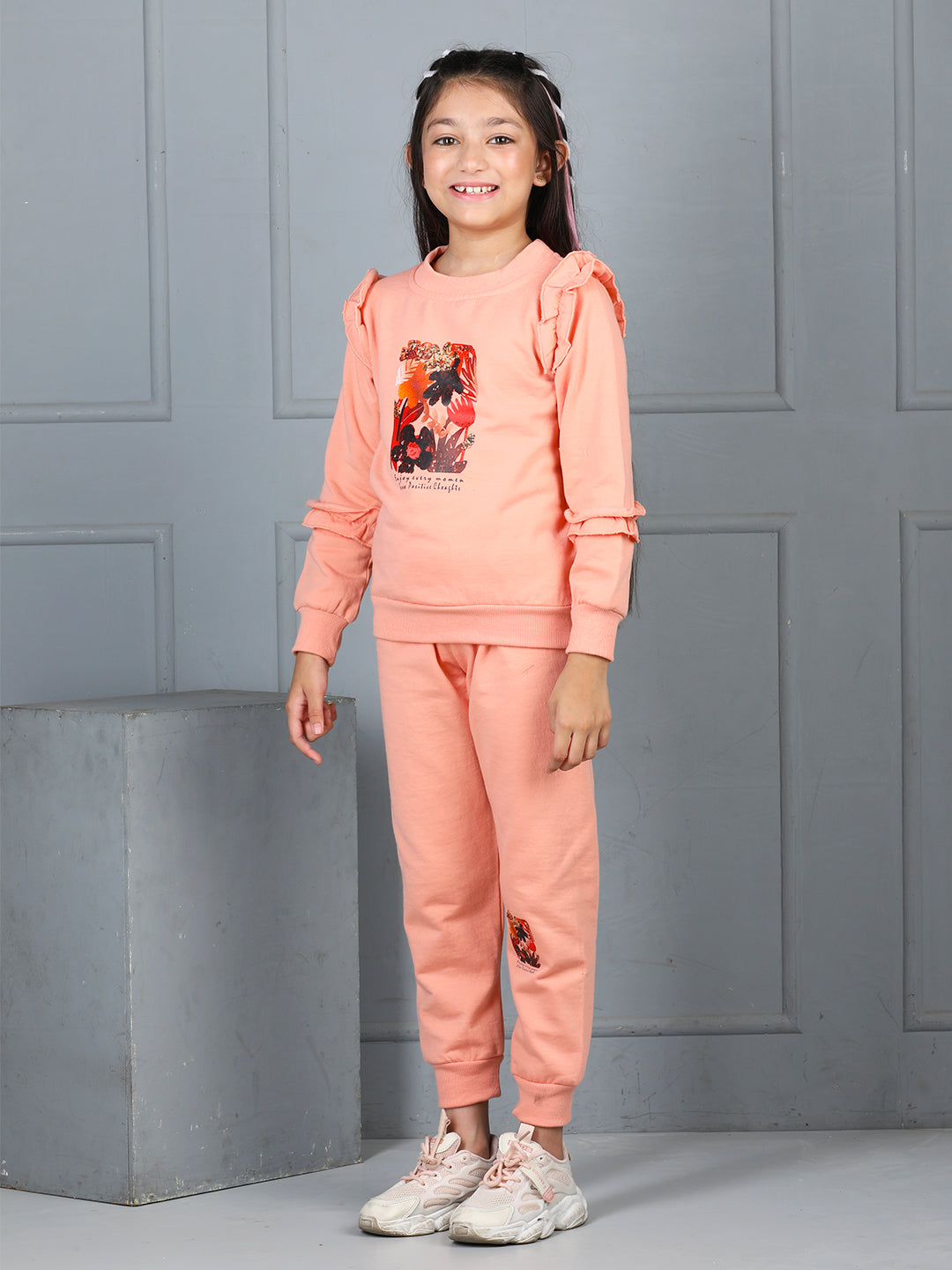 Cutiekins Girls Graphic Print Cozy Tracksuit -Peach & Black