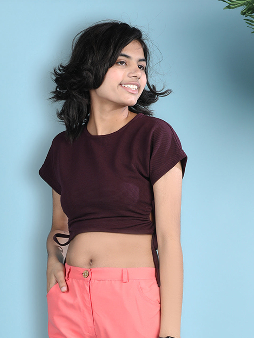 Cutiekins Girls Solid Embellished Stylish Tie-Ups Crop Top -Wine