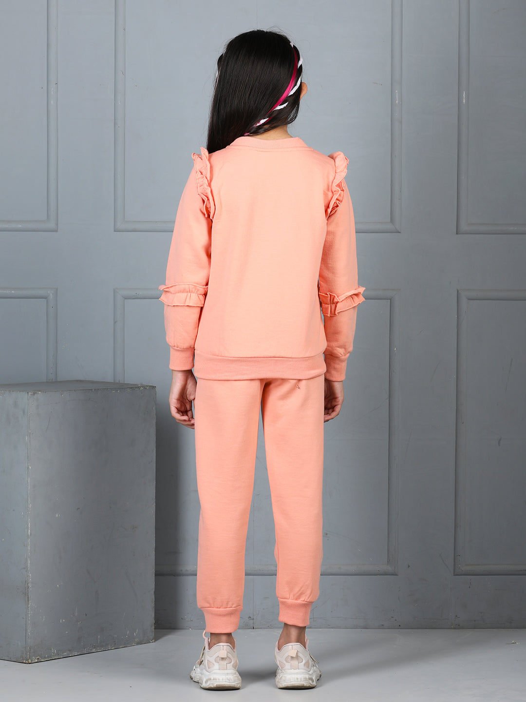 Cutiekins Girls Graphic Print Cozy Tracksuit -Peach & Black