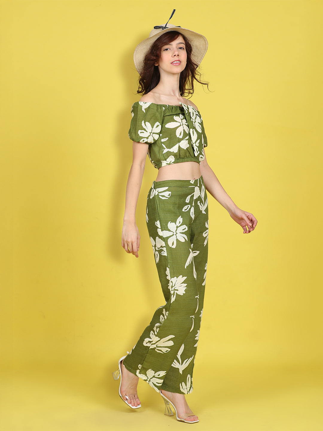 Cutiekins Girls Trendy Bold Style Printed Top & Palazzo Co-ord Set -Olive Green & Off White