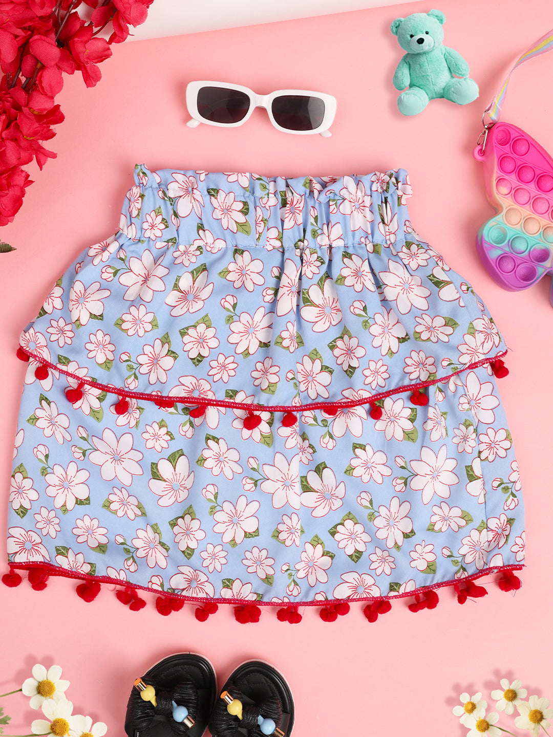Cutiekins Girls Floral Print Embellished Skirt- Light Blue & Pink