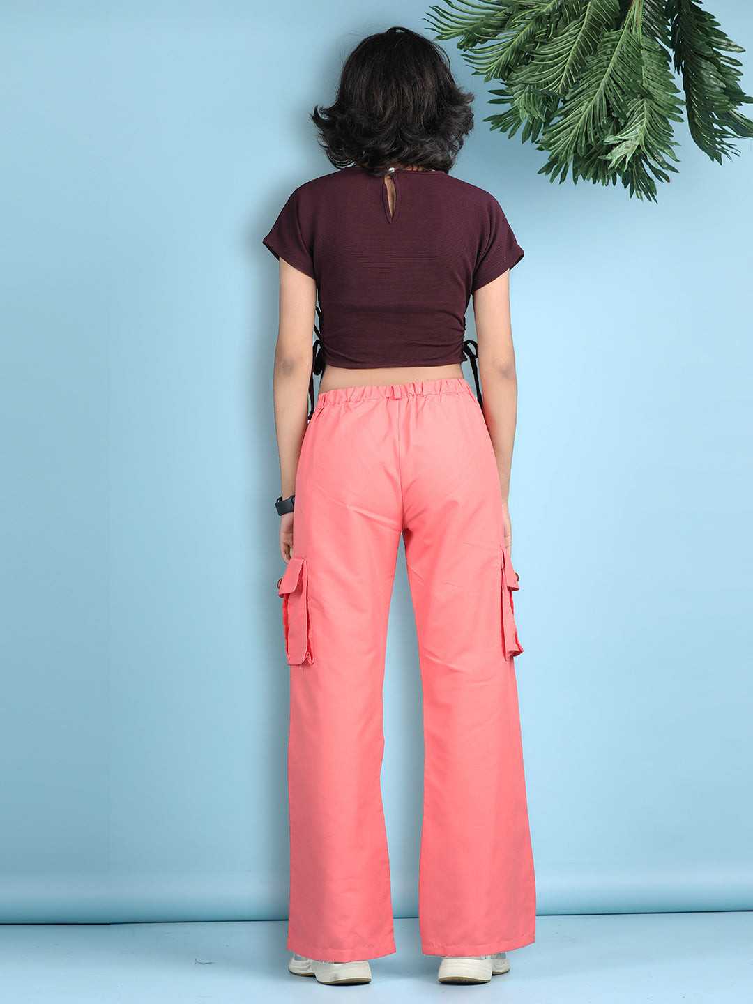 Cutiekins Girls Solid Embellished Top with Solid Cargo -Wine & Coral Pink