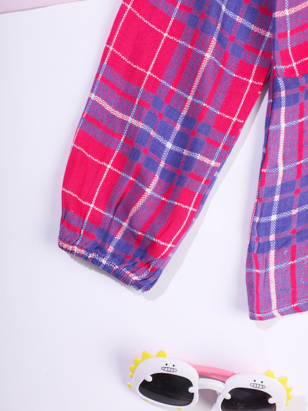 Cutiekins Girls Checked Shirt Collar Bishop Sleeves Shirt Style Top -Pink & Blue
