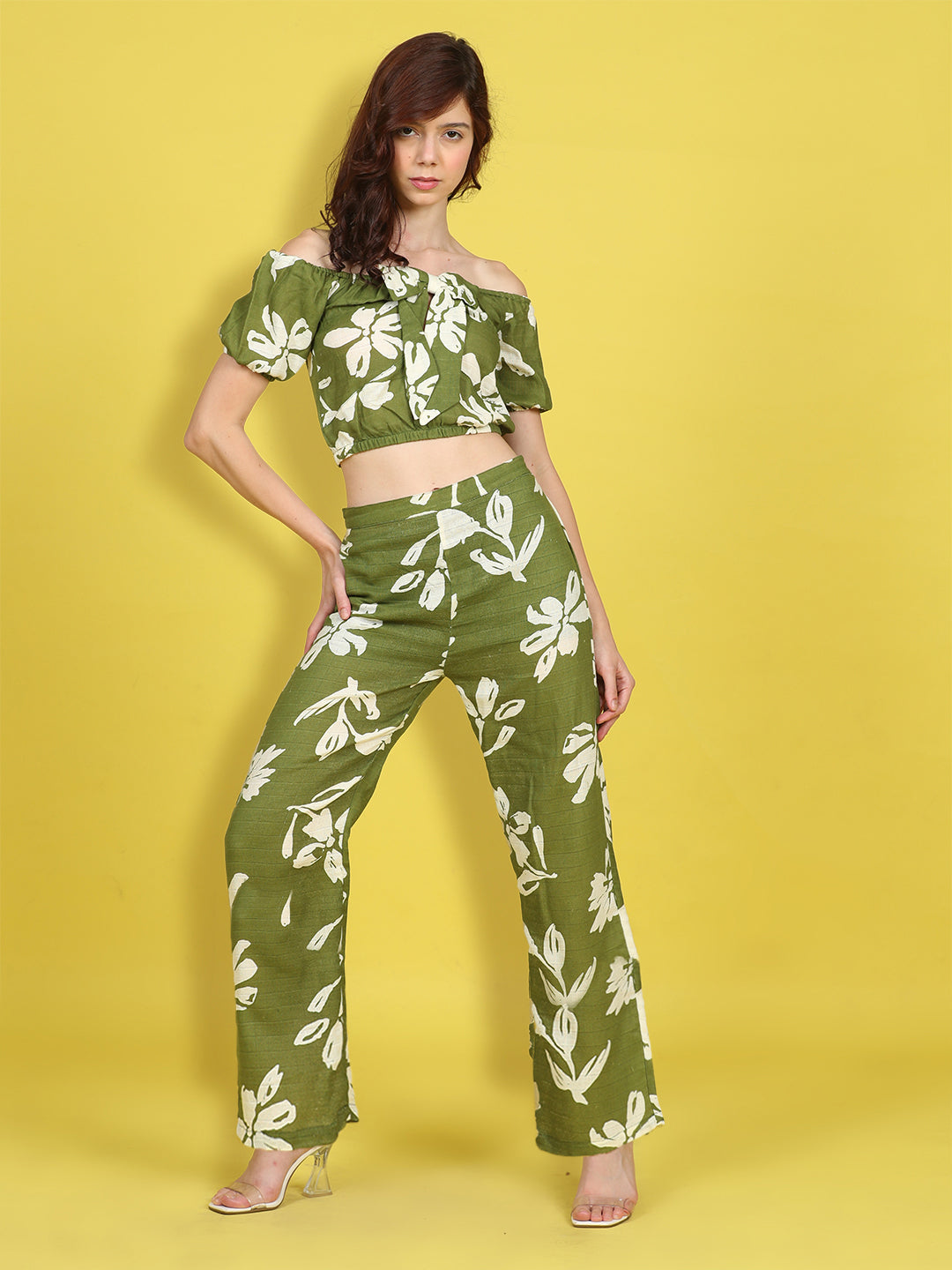 Cutiekins Girls Trendy Bold Style Printed Top & Palazzo Co-ord Set -Olive Green & Off White