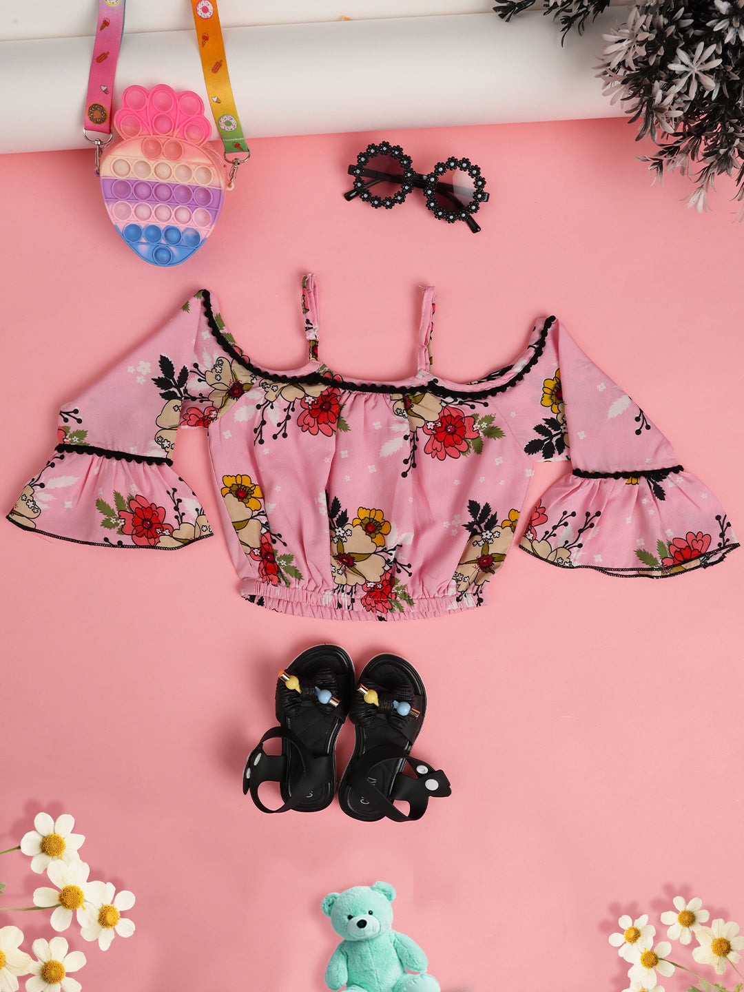 Cutiekins Girls Floral Printed Embellished Crop Top- Pink & Multi