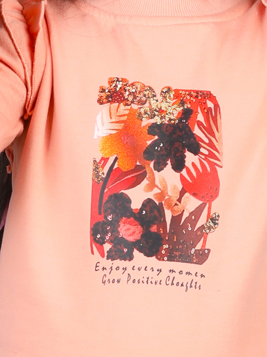 Cutiekins Girls Graphic Print Cozy Tracksuit -Peach & Black