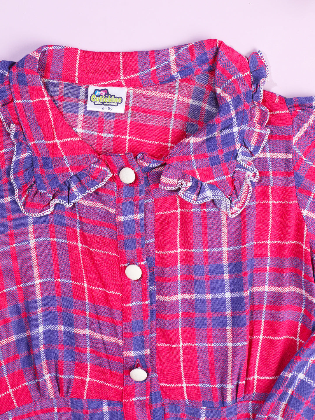 Cutiekins Girls Checked Shirt Collar Bishop Sleeves Shirt Style Top -Pink & Blue