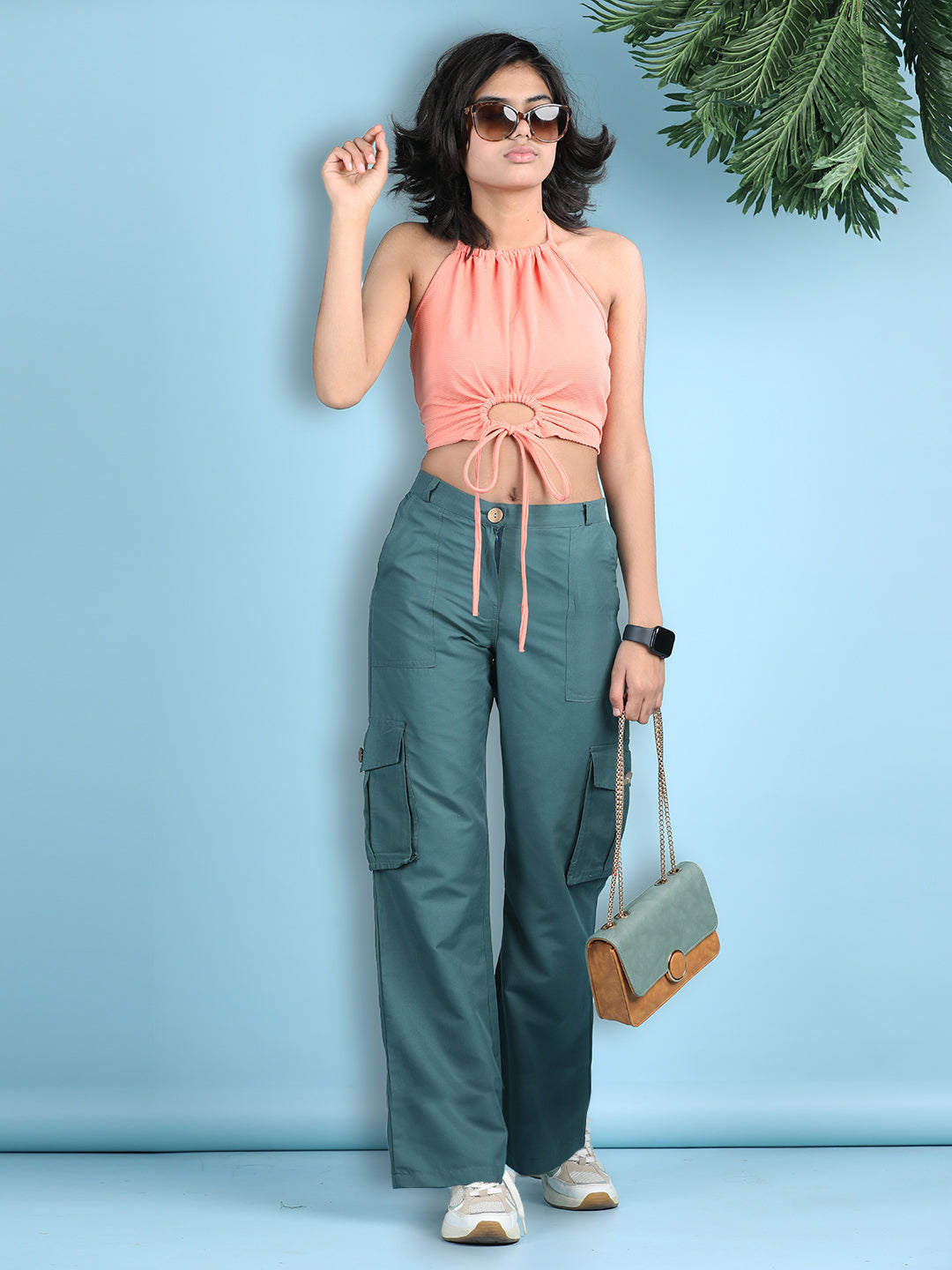 Cutiekins Girls Solid Embellished Top with Solid Cargo -Peach & Teal