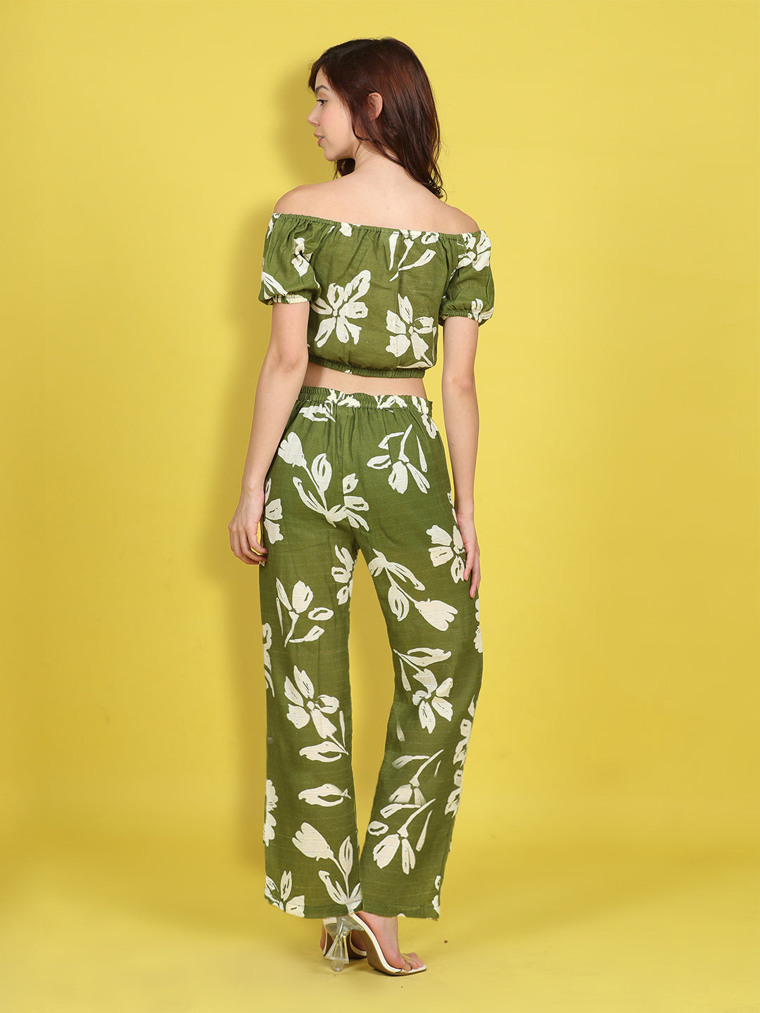Cutiekins Girls Trendy Bold Style Printed Top & Palazzo Co-ord Set -Olive Green & Off White