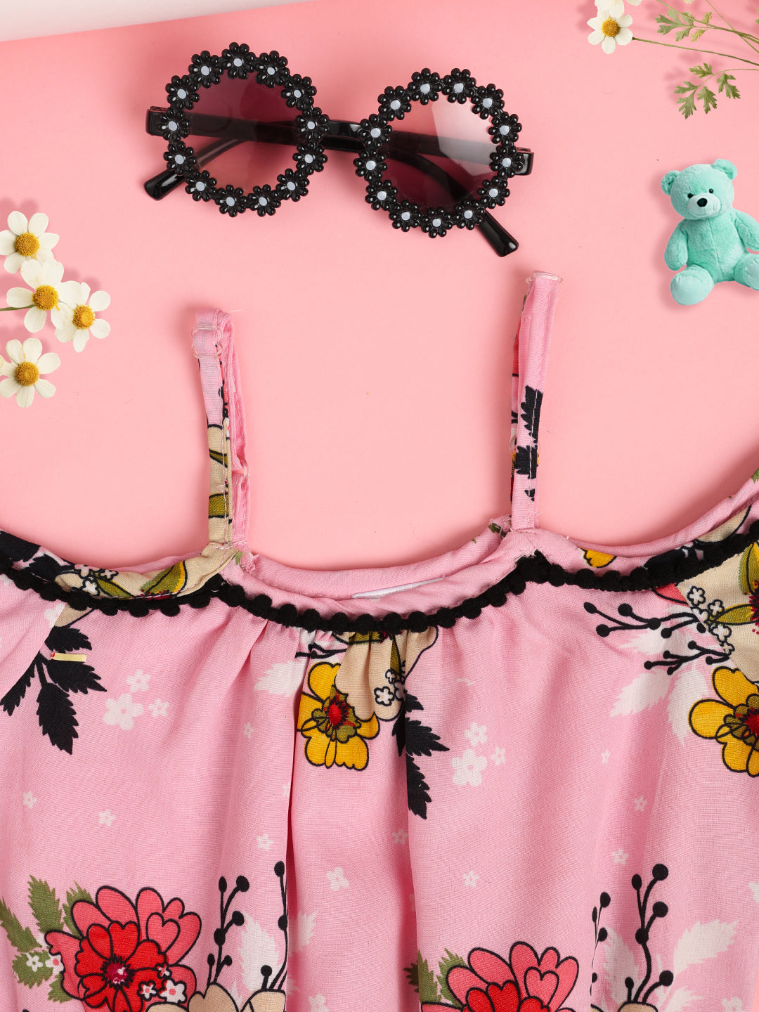 Cutiekins Girls Floral Printed Embellished Crop Top- Pink & Multi