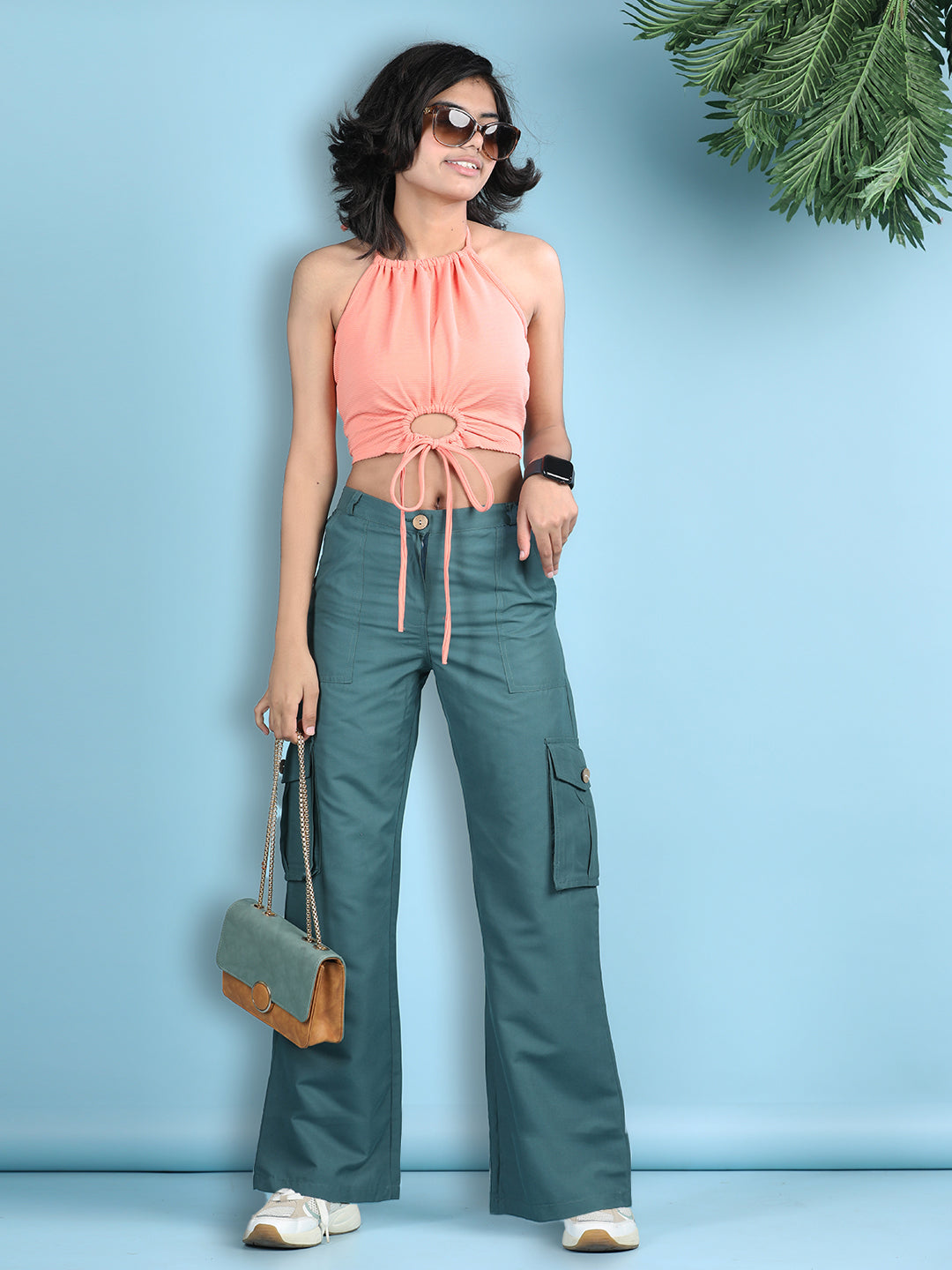 Cutiekins Girls Solid Embellished Top with Solid Cargo -Peach & Teal