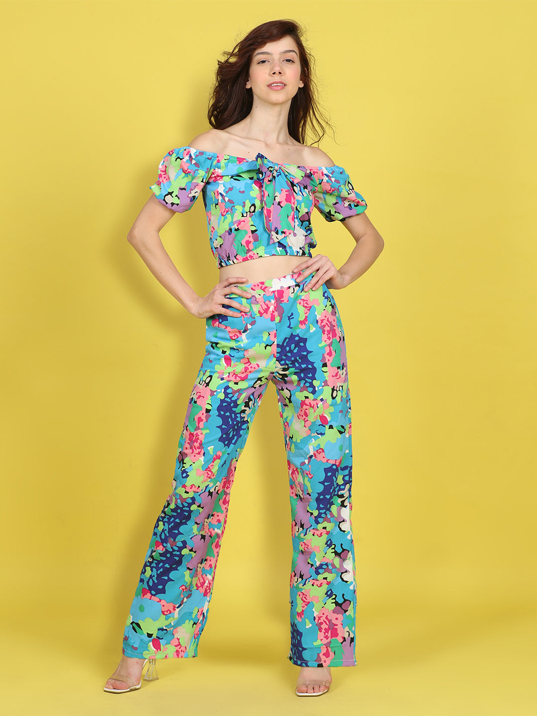 Cutiekins Girls Trendy Bold Style Printed Top & Palazzo Co-ord Set -Blue & Multi