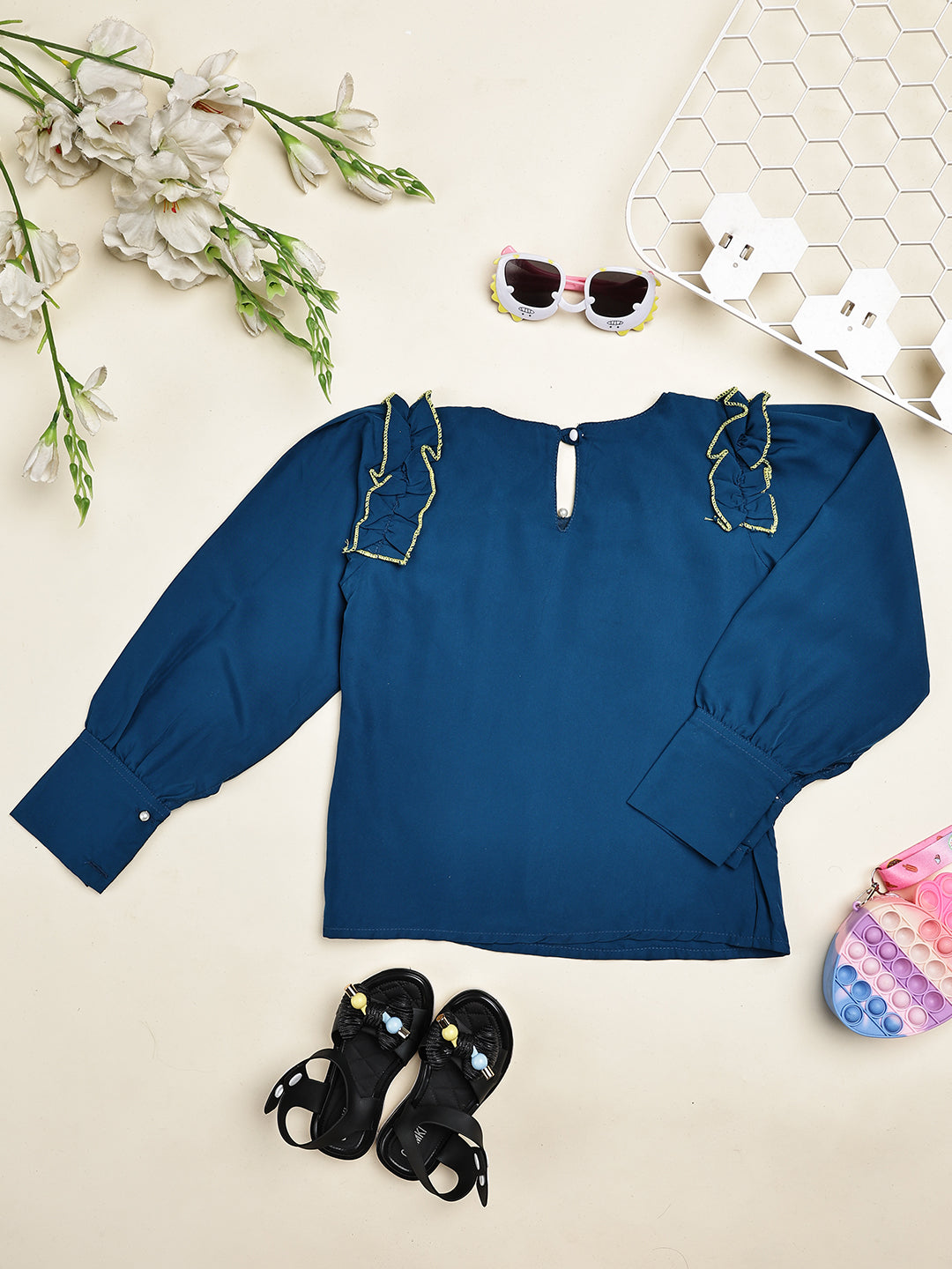 Cutiekins Girls Solid & Embellished Shoulder Top -Teal Blue