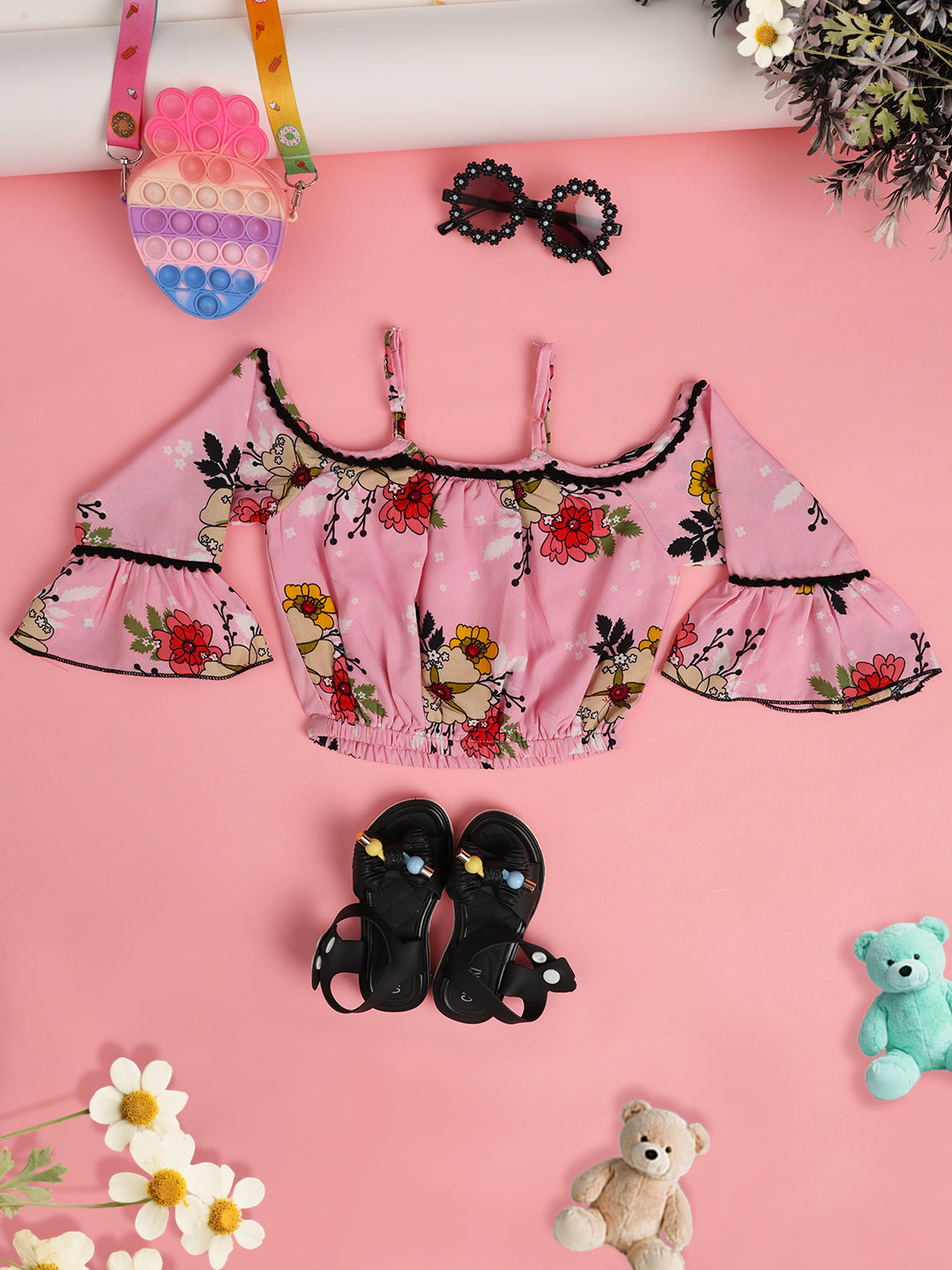 Cutiekins Girls Floral Printed Embellished Crop Top- Pink & Multi