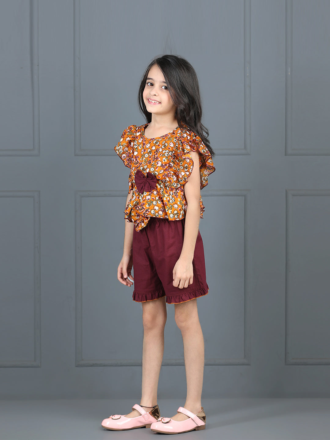 Cutiekins Girls Floral Printed Embellished Top With Solid Shorts -Mustard & Wine