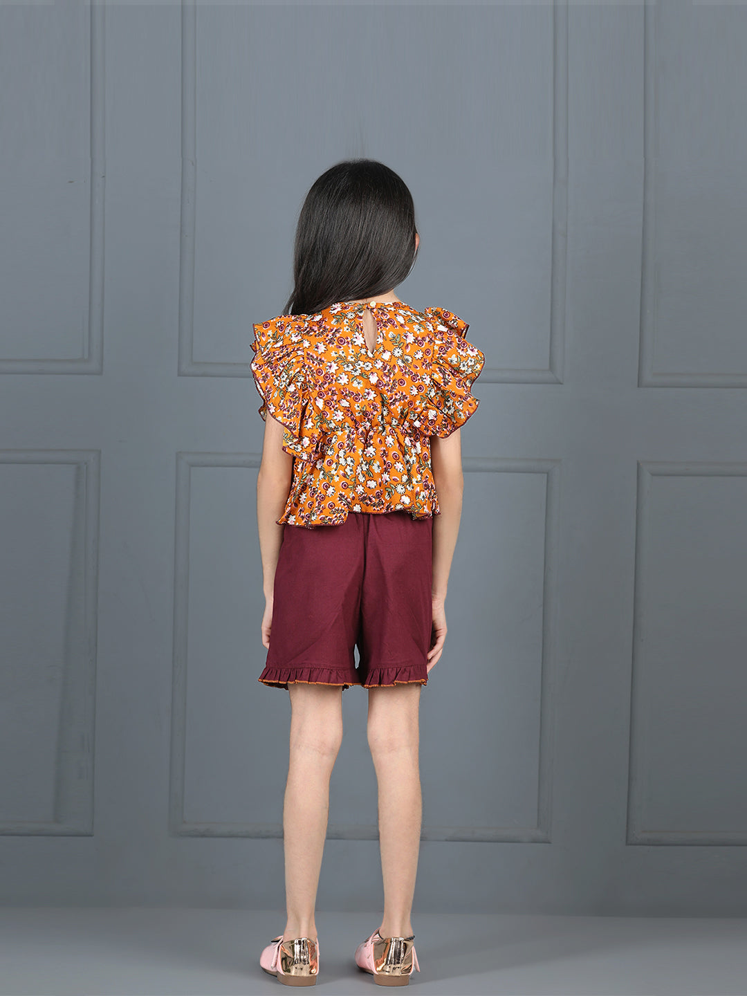 Cutiekins Girls Floral Printed Embellished Top With Solid Shorts -Mustard & Wine