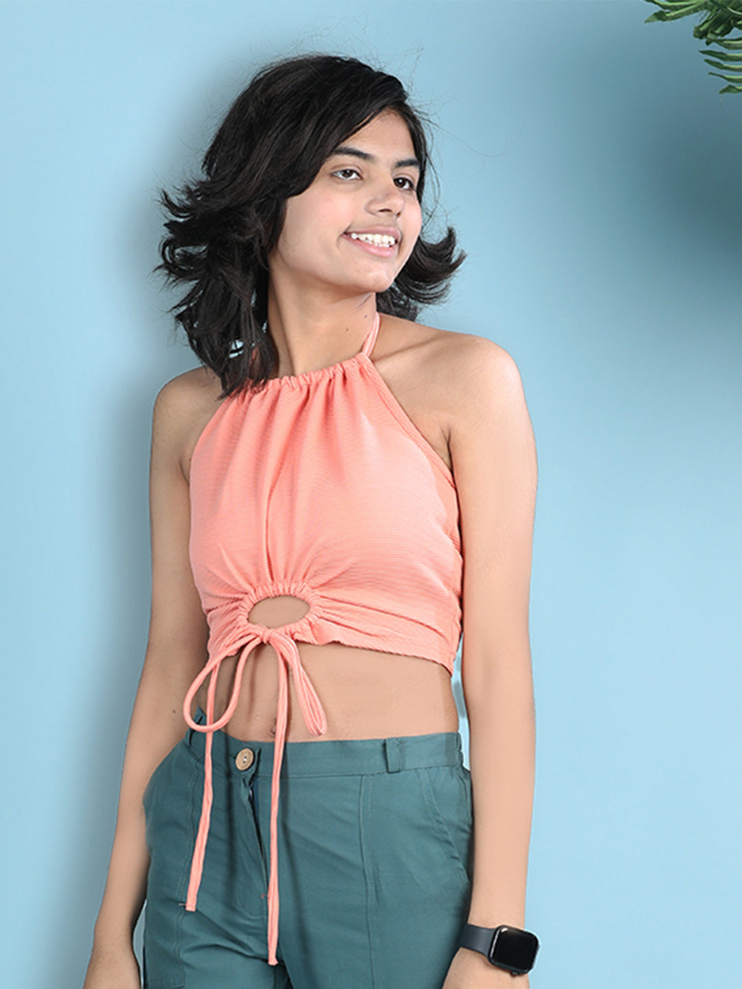 Cutiekins Girls Solid Embellished Stylish Tie-Ups Crop Top -Peach