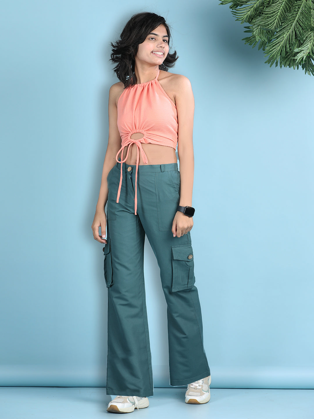 Cutiekins Girls Solid Embellished Top with Solid Cargo -Peach & Teal