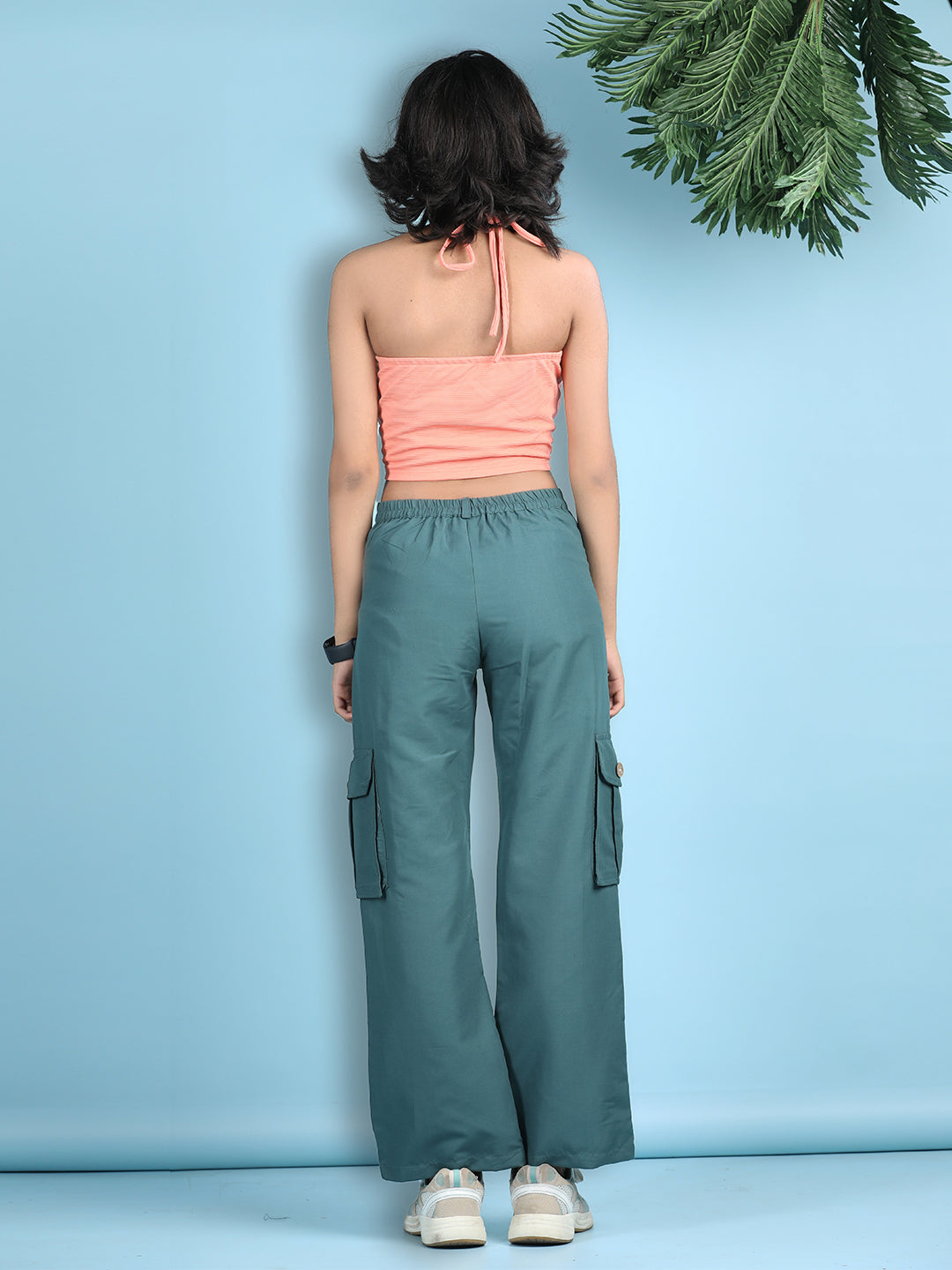 Cutiekins Girls Solid Embellished Top with Solid Cargo -Peach & Teal