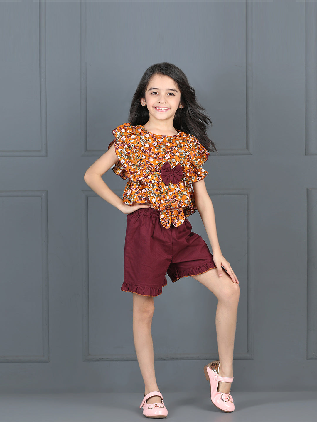 Cutiekins Girls Floral Printed Embellished Top With Solid Shorts -Mustard & Wine