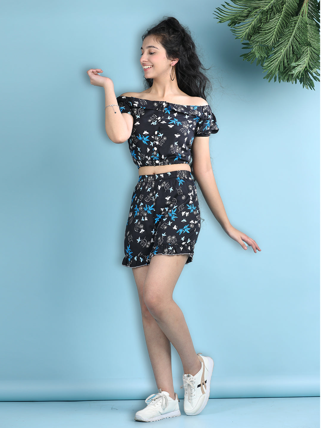 Cutiekins Girls Printed Embellished Top with Printed Shorts -Black & Blue